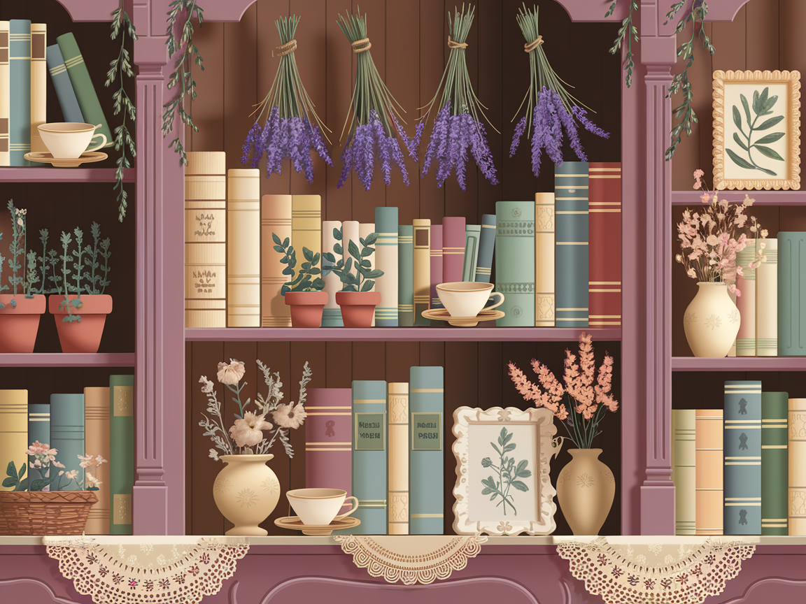 Cottagecore Bücherregal mit pastellfarbenen Vintage-Büchern, getrockneten Blumen und Cottagecore-Deko