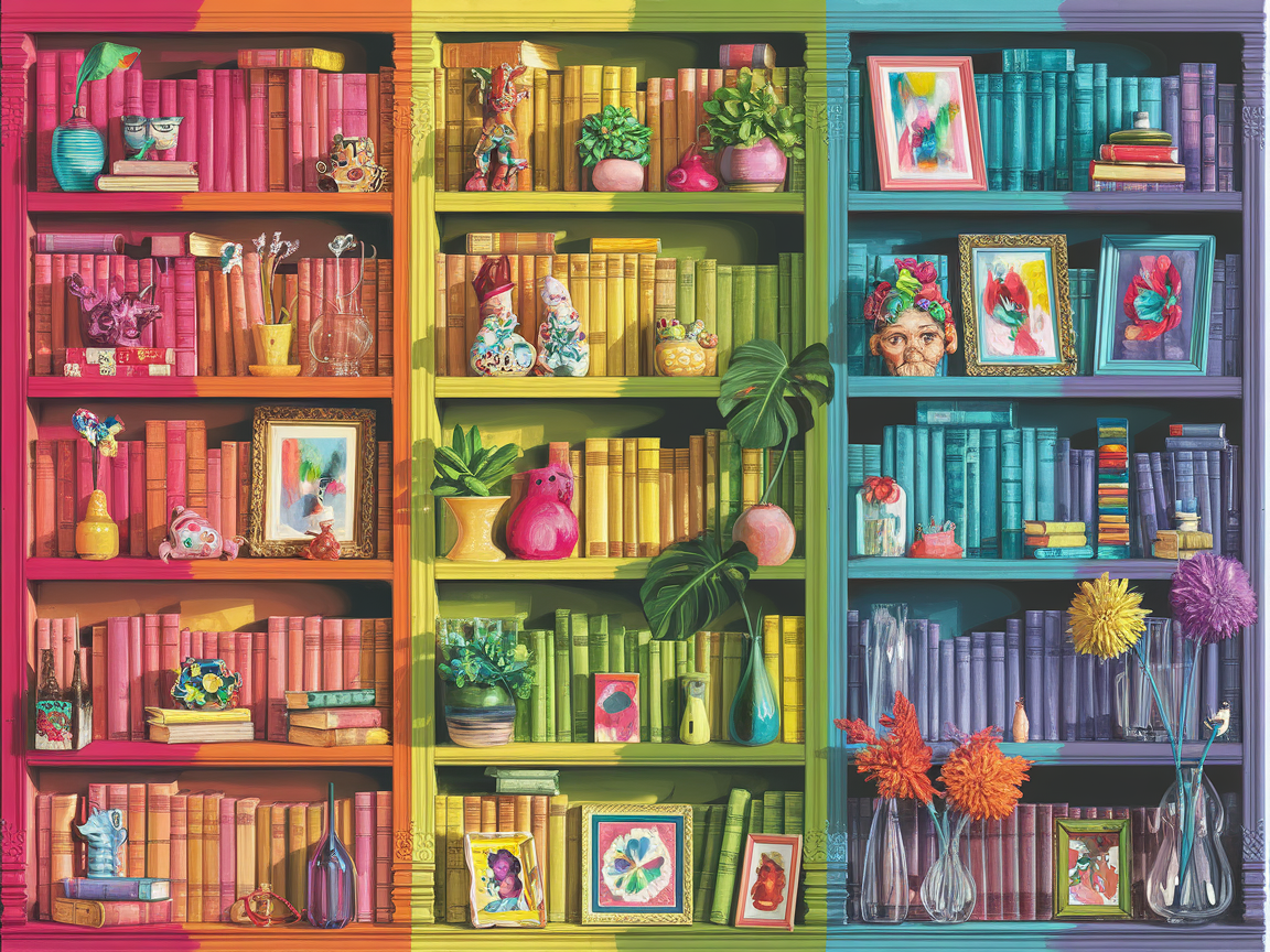 Maximalistisches Bücherregal mit Büchern im Regenbogen-Gradient, vielen Pflanzen und bunter Deko