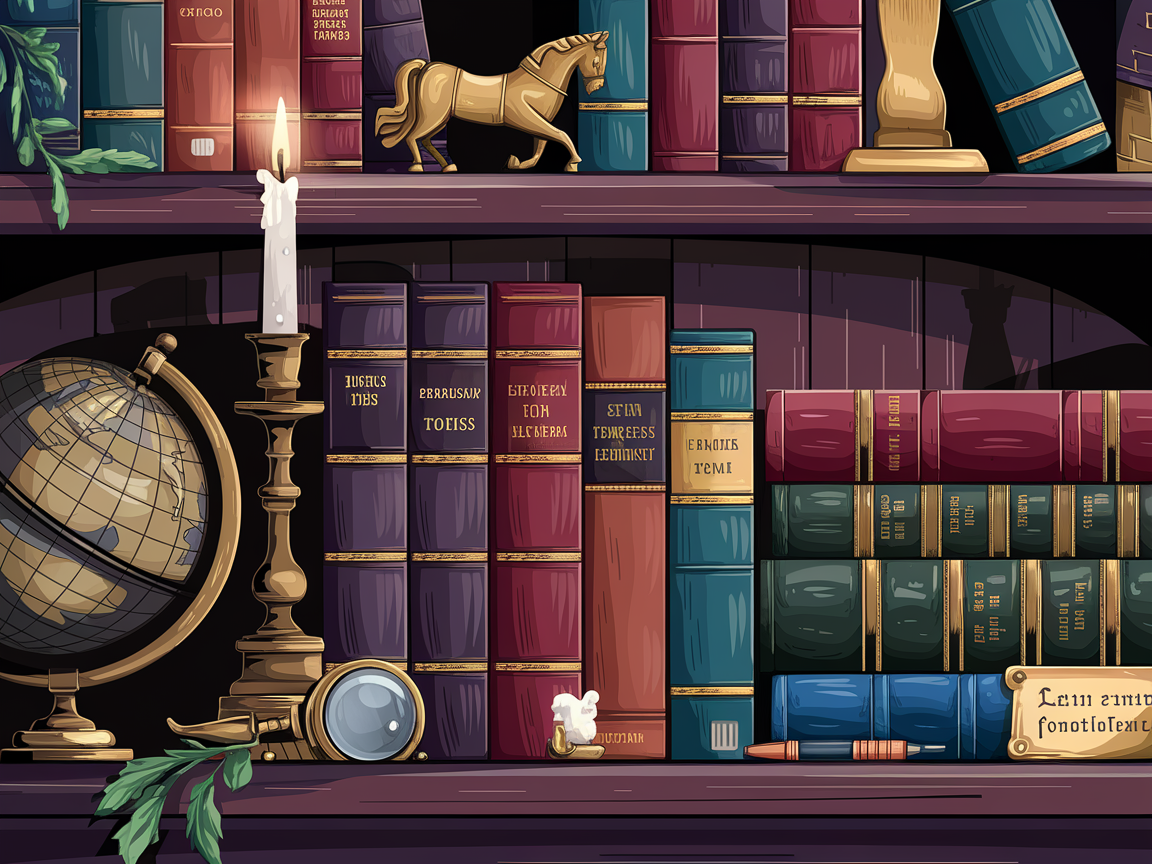 Dark Academia Bücherregal mit ledergebundenen Büchern, Messing-Details und Vintage-Globus