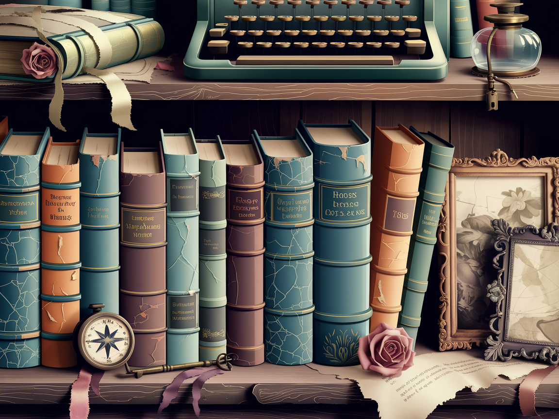 Vintage Antiquariat Bücherregal mit alten ledergebundenen Büchern, Schreibmaschine und Messing-Details