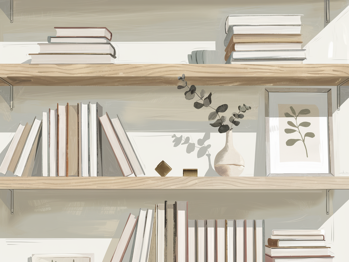Minimalistisches Bücherregal mit sparsamer Anordnung, viel Weißraum und einer einzigen Eukalyptus-Vase