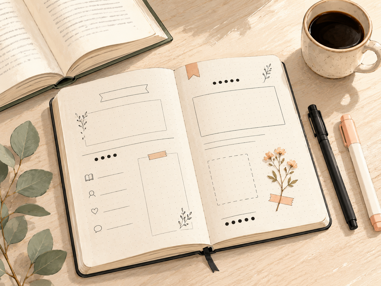 Minimalistisches Reading Journal mit klaren Layouts und schwarzer Handschrift