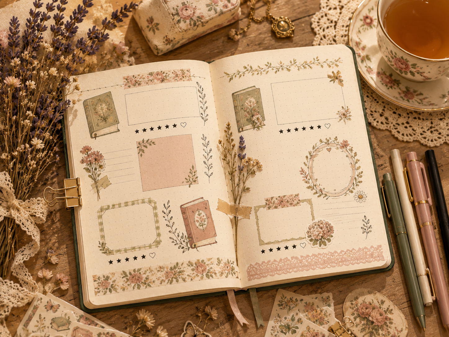 Cottagecore Reading Journal mit getrockneten Blumen, Botanik-Illustrationen und Washi-Tape