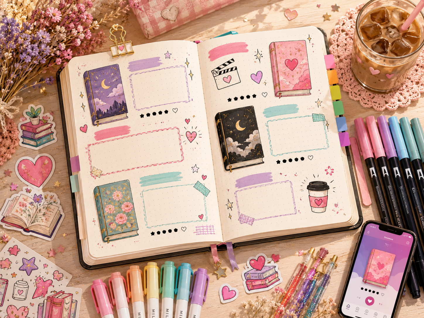 BookTok-Aesthetic Reading Journal mit bunten Highlightern, Aufklebern und Doodles